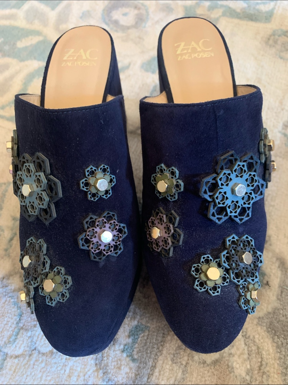 ZAC Zac Posen Navy Suede Floral Appliqué Slip-On Mules